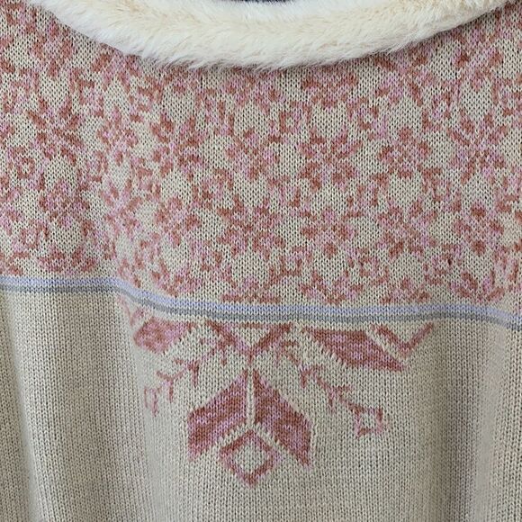 Fair Isle sweater Cream‎ pastel pink snowflake Fur Collar size XL - Picture 5 of 9